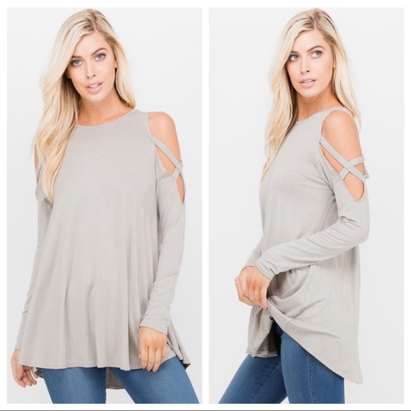 ABBY & GRACE Tops - Cold Shoulder Top with X Strap on Sleeve